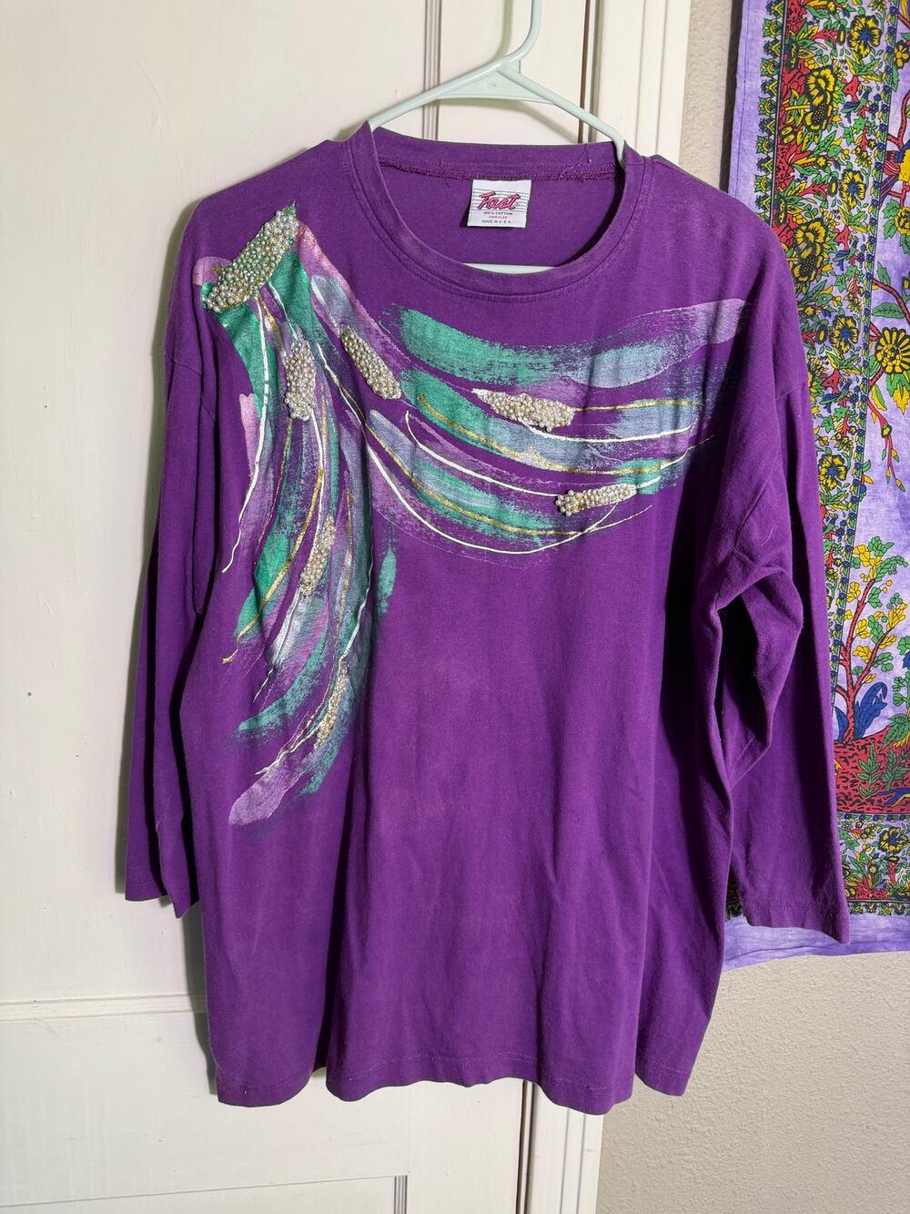 Vintage 80s 90s Purple Wearable Art T Shirt Pearl Beaded Metallic - One Size
